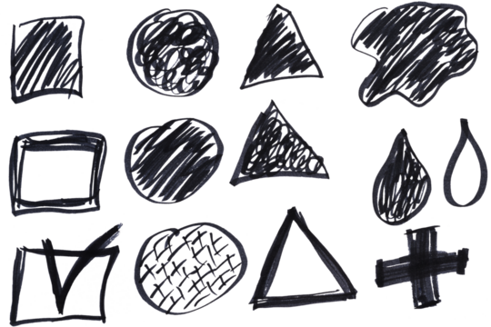 Various figures drawn by hand with a black felt-tip pen on an isolated background