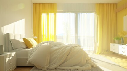 Fototapeta premium Hazy bedroom with white and yellow tones