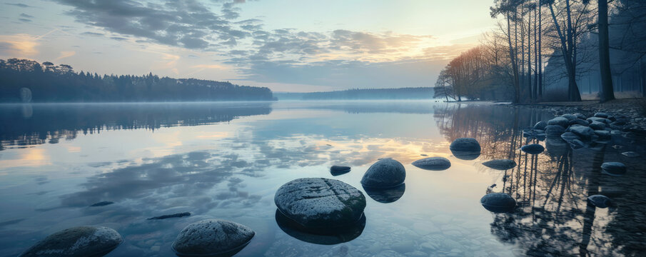 A serene evening lake background with still waters reflecting the twilight sky, silhouetted trees, and the textures of smooth stones and soft ripples, creating a peaceful and calming scene.