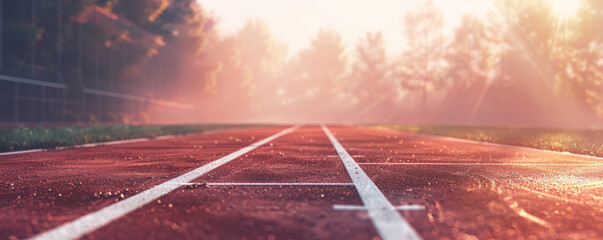 A serene running track background with a smooth red surface, white lane markers, and the textures of soft morning light and determined athletes.