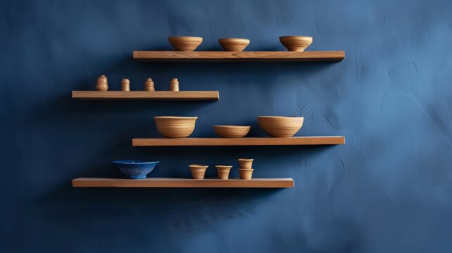series of small, hand-thrown pottery pieces in earth tones, arranged on floating shelves against a navy blue wall