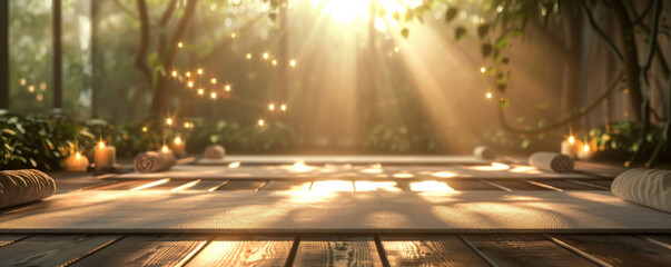 A serene yoga studio background with wooden floors, calming lights, and the textures of soft mats and peaceful ambiance.