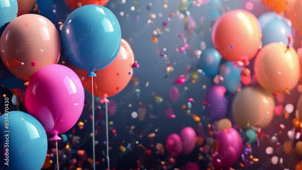 Poster An assortment of colorful balloons floats against a deep blue background with sparkling confetti.