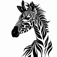 A black and white drawing of a zebra 's head