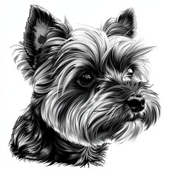 A black and white drawing of a yorkshire terrier dog