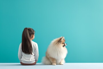 Cute Pomeranian dog sitting beside a young boy with his back turned, both against a teal background, creating an adorable and innocent scene with copy space. Concept: childhood companionship, pet frie