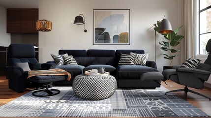 A modern living room with a dark blue sofa, a recliner chair, and a patterned pouf, adding an element of playful design