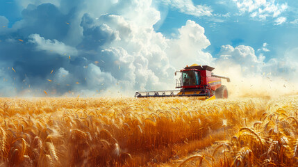 Obraz premium Rural landscape. A modern combine harvests wheat on an agricultural field. Farm equipment on a golden field during harvest. A bountiful harvest.