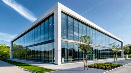 Fototapeta premium A minimalist exterior of a modern building with clean lines and large glass windows