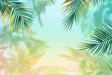 background with palm leaves in the corners, a soft gradient from green to yellow and orange, subtle shadow effects, a summer vibe with tropical vibes Generative AI
