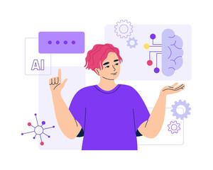 Artificial intelligence help man. Customer service bot, online client support. AI-powered search, machine learning, chat bot, automatic processes. Isolated vector illustration.