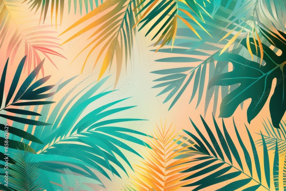 Poster a simple vector illustration of tropical palm leaves on an abstract gradient background, creating a 