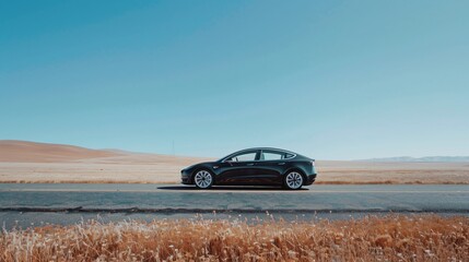 A minimalist shot of a single, sleek black car on an empty road with a clear blue sky above