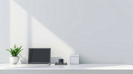 Obraz premium A minimalist workspace with a clean, white desk, a single laptop, and a small potted plant