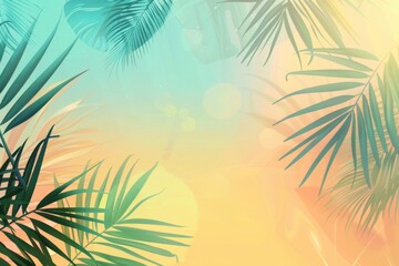 The background is a gradient of green and yellow, with palm leaves at the bottom left corner A tropical vector pattern on top displays the sunlight in shades of orange and blue Generative AI