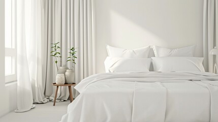 A modern, minimalist bed with crisp white linens and a single decorative pillow