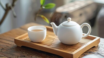 A modern, white ceramic teapot on a plain wooden tray, with a single tea cup beside it