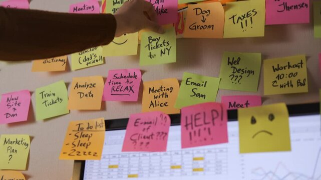Close-up of female worker adds bright sticky notes to a wall covered in reminders while working on computer late in the evening. Time organization and planning