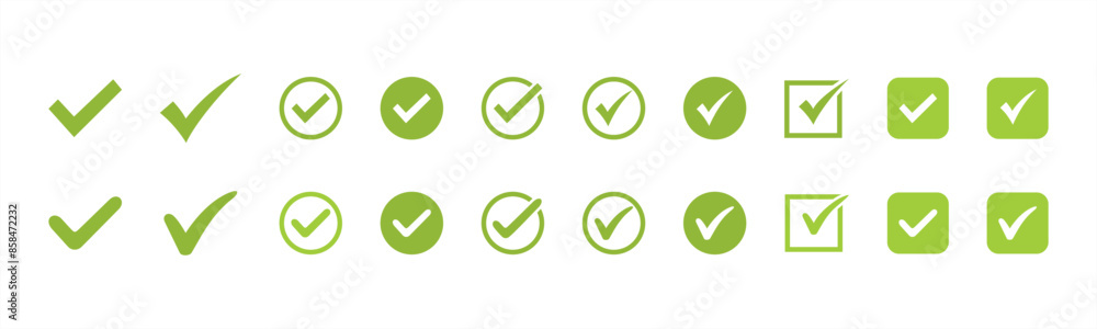 Fototapete green check mark and red cross icon set. circle, rectangle, triangle and square. tick symbol in gree