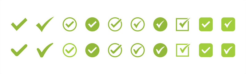  Green check mark and red cross icon set. Circle, rectangle, triangle and square. Tick symbol in green color, cheklist or chekbox vector illustration