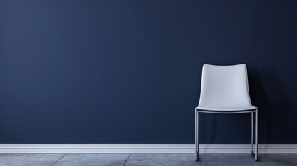 A single, minimalist white chair with sleek lines against a deep navy blue wall