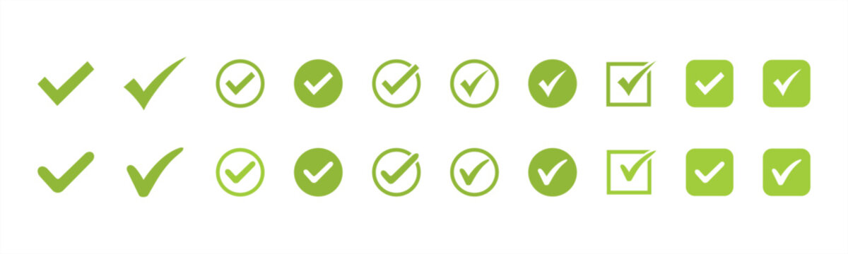  Green check mark and red cross icon set. Circle, rectangle, triangle and square. Tick symbol in green color, cheklist or chekbox vector illustration