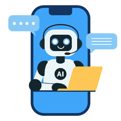 Cute chat bot, robot assistant with yellow laptop for customer support on the phone. AI bot helper. Concept of virtual conversation assistant for getting help. Robot is working on a laptop. Vector