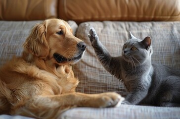 Golden Retriever and Cat High Five on Bed