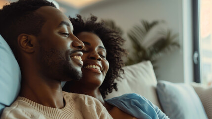 Obraz premium Portrait of a beautiful African American couple spending time together on the sofa in the living room. Young man and woman enjoying each other indoors. Love concept.