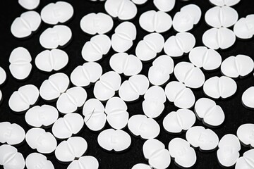 Narcotic substances, antidepressant, dope powder, syringes with drugs dose, white pills on dark textured background. Concept of addiction and bad habits.