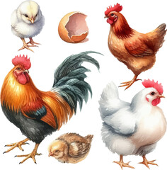 set with hens, roosters, chicks and eggs in watercolor style in vector