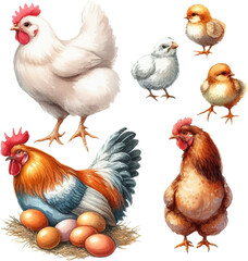 set with hens, roosters, chicks and eggs in watercolor style in vector