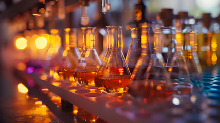 Close-up of test tubes with liquid. Transparent jars in a modern laboratory with yellow liquid. Laboratory experiments concept, chemistry and science.