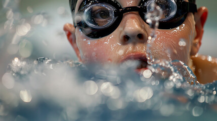 Young athlete with down syndrome is emerging from the surface of the water in a swimming pool during his training