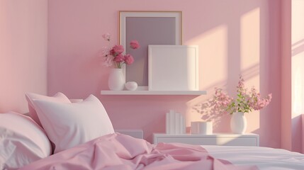 
A charming pink girl bedroom interior with a cozy bed, modern furniture, a decorative mirror, posters on the wall, and a neatly stacked pile of books beside a flower vase on a stylish shelf.