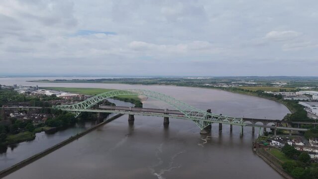 Aerial view of the Silver Jubilee Bridge in Cheshire, England