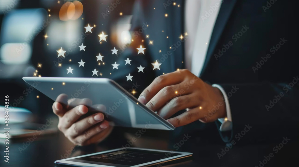 Poster close-up of a businessman using a digital technology tablet with pop-up signs. man's hands with tabl