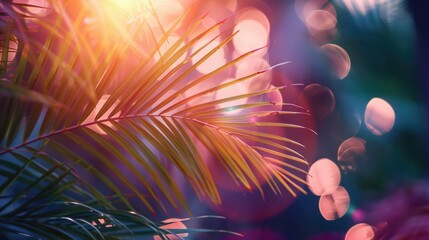 Fototapeta premium Palm branches in sunset with vintage artistic blur and lens flares