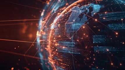 
A futuristic holographic globe with intricate network lines connecting various financial systems, showcasing asset tracking, investment strategies, and portfolio management tools