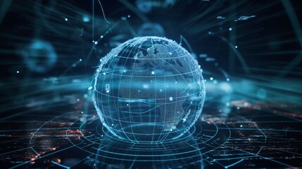 
A futuristic holographic globe with intricate network lines connecting various financial systems, showcasing asset tracking, investment strategies, and portfolio management tools
