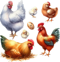 set with hens, roosters, chicks and eggs in watercolor style in vector