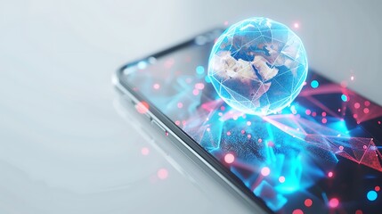A smartphone with a holographic globe hovering above it, showcasing the concept of global connectivity and technological advancements, with light particles representing data flow and communication 