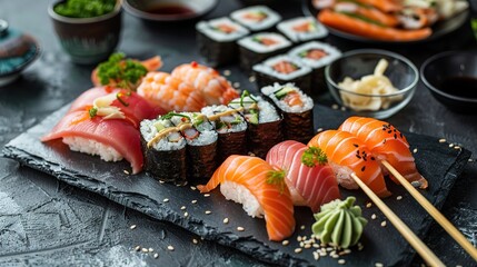 Sushi set on a black background top view Japanese food Sushi set on a black plate on a Black background top view Ai Generated