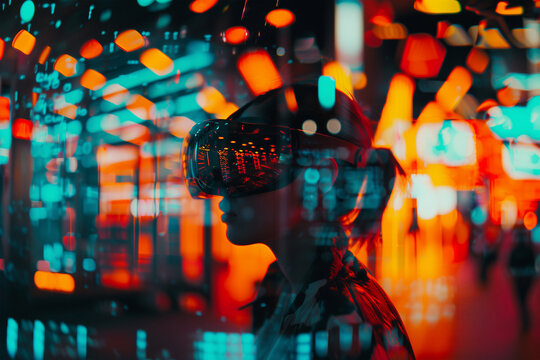 Woman experiences advanced virtual reality in neon lights. Generative AI image