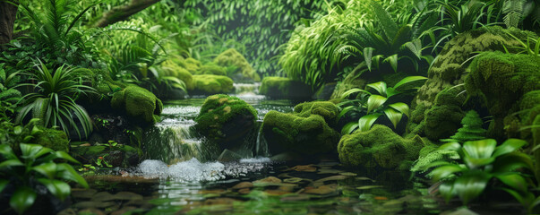 Naklejka premium A tranquil forest stream background with flowing water, mossy rocks, and the textures of lush greenery and gentle currents, creating a peaceful and refreshing natural retreat.