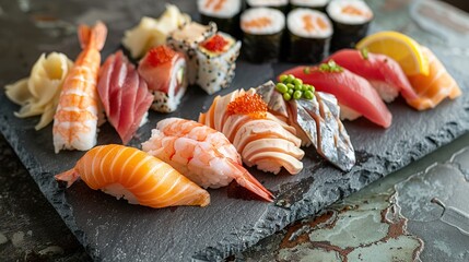 Sushi set on a black background top view Japanese food Sushi set on a black plate on a Black background top view Ai Generated