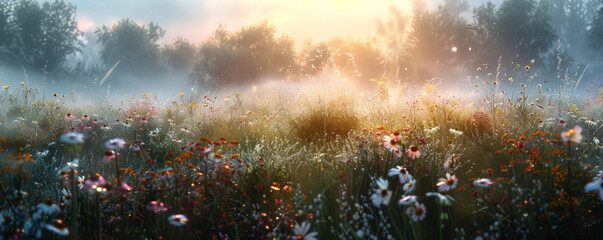 A tranquil meadow at dawn background with misty grasses, morning dew, and the textures of softly illuminated wildflowers and waking wildlife, creating a peaceful and refreshing start to the day.