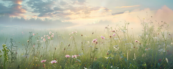 A tranquil meadow at dawn background with misty grasses, morning dew, and the textures of softly illuminated wildflowers and waking wildlife, creating a peaceful and refreshing start to the day.