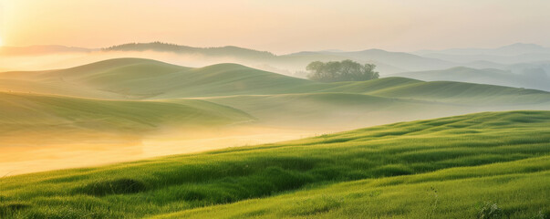Fototapeta premium A tranquil sunrise over rolling hills background with soft morning light, dewy grasses, and the textures of gentle slopes and fresh air, creating a peaceful and picturesque rural scene.