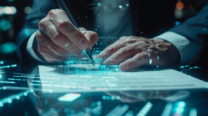 Close-up of a businessman's hand using a technology pen to sign electronic documents. Document management. Modern signature on digital documents on a virtual screen.